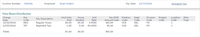 Example pay tab with pay and location/department/division codes